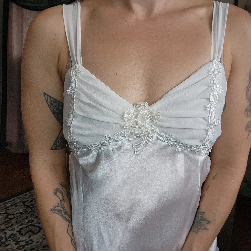 Vintage Feminine White Satin Beaded Midi Slip Dress Size Medium - Picture 3 of 6